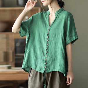 Áo sơ mi linen ngắn tay cổ đứng dây rút vạt áo - NU7016