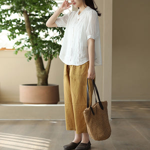Áo sơ mi linen ngắn tay thêu ren bông tuyết - NU8610
