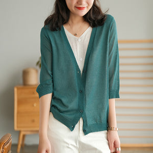 Áo khoác len cardigan dệt kim ngắn tay cổ V hai lớp - NU6589