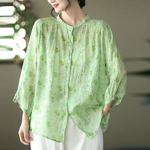 Áo sơ mi linen tay lửng cổ đứng in hoa văn - NU6920