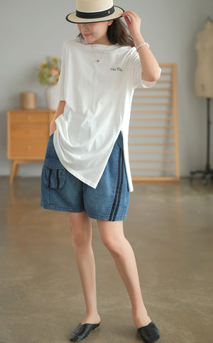 Quần sooc denim lưng thun dây rút hai sọc - NU7510