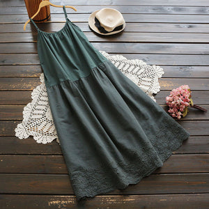 Đầm liền linen hai dây form xòe thêu hoa lá - NU6941