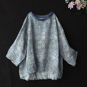 Áo T-shirt linen ngắn tay cổ tròn bo thun in hoa văn - NU7302