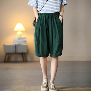 Quần baggy lửng linen lưng thun một màu hai túi chéo  - NU7076