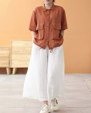 Áo sơ mi linen ngắn tay cổ đức hai túi vương có dây rút - NU7491