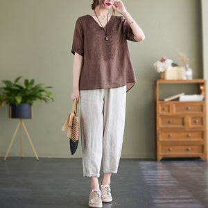 Áo T-shirt linen ngắn tay cổ V thêu hình học đối xứng - NU7330