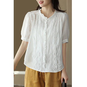 Áo sơ mi linen ngắn tay thêu ren bông tuyết - NU8610