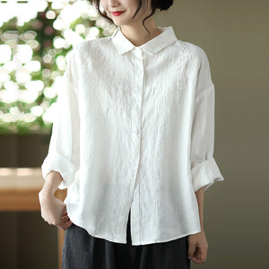 Áo sơ mi linen dài tay cổ đức thêu hoa đối xứng - NU6676