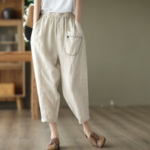 Quần baggy linen lưng thun ba túi thêu hoa lá - NU6815