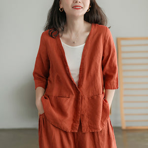 Áo sơ mi linen ngắn tay cổ V form rộng - NU5582