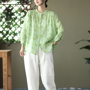 Áo sơ mi linen tay lửng cổ đứng in hoa văn - NU6920