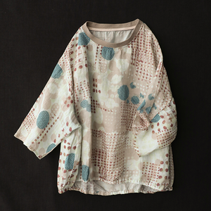 Áo T-shirt linen ngắn tay cổ tròn bo thun in hoa văn - NU7302