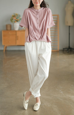 Áo sơ mi linen ngắn tay cổ tròn xếp ly tà lệch bo tròn - NU7388