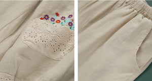 Quần baggy linen lưng thun thêu giỏ hoa ống túm dây rút - NU6631