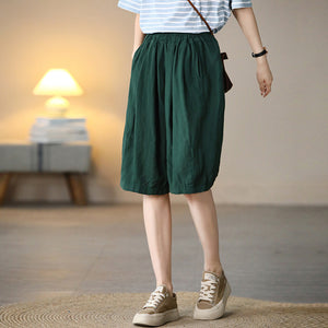 Quần baggy lửng linen lưng thun một màu hai túi chéo  - NU7076