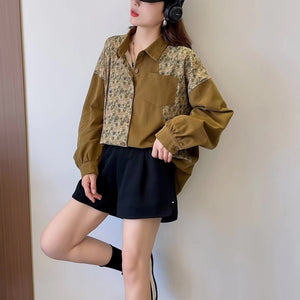 Áo sơ mi dài tay cổ đức hai mảng màu in hoa lá - NU8354