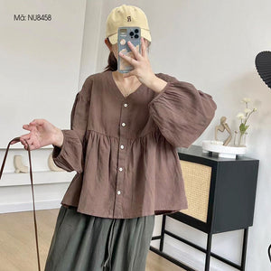 Áo sơ mi linen dài tay cổ V kiểu bo tay - NU8458