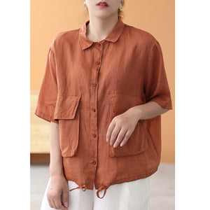 Áo sơ mi linen ngắn tay cổ đức hai túi vương có dây rút - NU7491