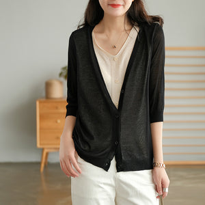 Áo khoác len cardigan dệt kim ngắn tay cổ V hai lớp - NU6589