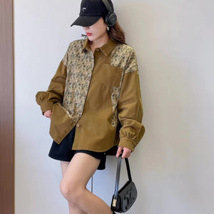 Áo sơ mi dài tay cổ đức hai mảng màu in hoa lá - NU8354