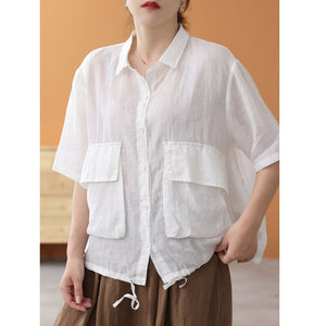 Áo sơ mi linen ngắn tay cổ đức hai túi vương có dây rút - NU7491