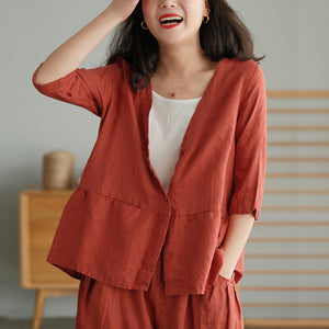 Áo sơ mi linen ngắn tay cổ V form rộng - NU5582