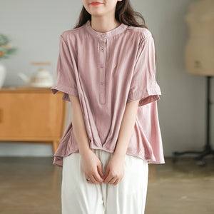 Áo sơ mi linen ngắn tay cổ tròn xếp ly tà lệch bo tròn - NU7388