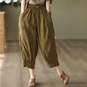 Quần baggy linen lưng thun dây rút thêu hoa hồng - NU7324