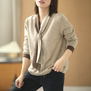 Áo T-shirt dệt kim dài tay cổ kiểu khăn quàng - NU7947