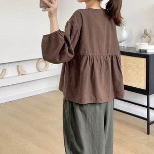 Áo sơ mi linen dài tay cổ V kiểu bo tay - NU8458