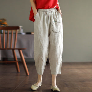 Quần baggy linen lưng thun ba túi thêu hoa lá - NU6815