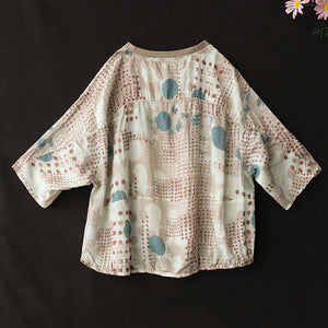 Áo T-shirt linen ngắn tay cổ tròn bo thun in hoa văn - NU7302
