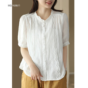Áo sơ mi linen ngắn tay thêu ren bông tuyết - NU8610