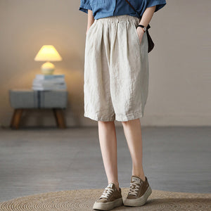Quần baggy lửng linen lưng thun một màu hai túi chéo  - NU7076