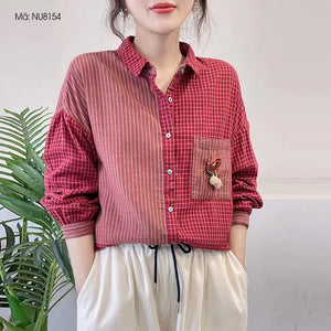 Áo sơ mi dài tay cổ đức kẻ sọc caro túi đính hoa - NU8154