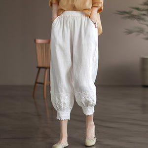 Quần baggy linen lưng thun ống túm thêm hoa lá - NU6990