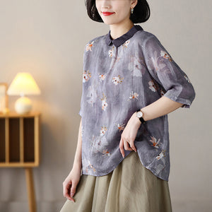 Áo sơ mi linen ngắn tay cổ pipi khuy cài sau in hoa lá - NU7407