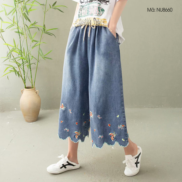 Quần baggy denim lưng thun thêu những chú bướm - NU8660