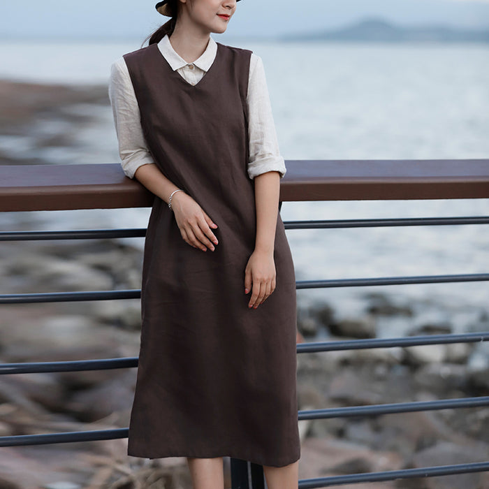 Đầm liền linen sát nách cổ V một màu - OD0623