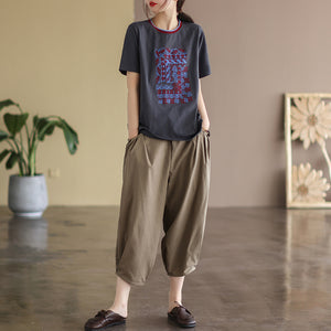 Áo T-shirt ngắn tay cổ tròn thêu hoa văn trừu tượng - NU8351