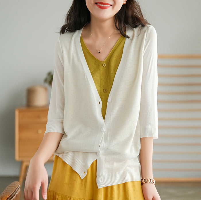 Áo khoác len cardigan dệt kim ngắn tay cổ V hai lớp - NU6589