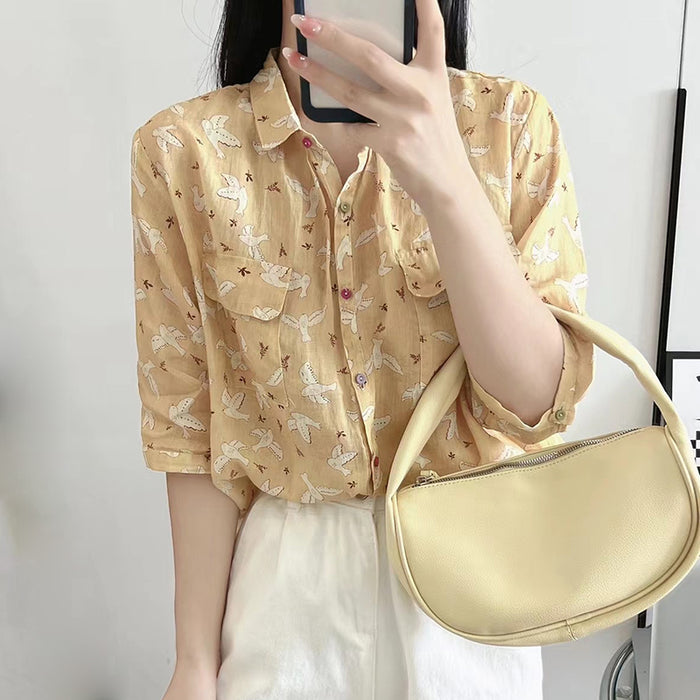 Áo sơ mi linen ngắn tay hai túi vuông in những chú chim - NU7433