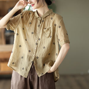 Áo sơ mi linen ngắn tay cổ đức thêu những bông hoa - NU7001