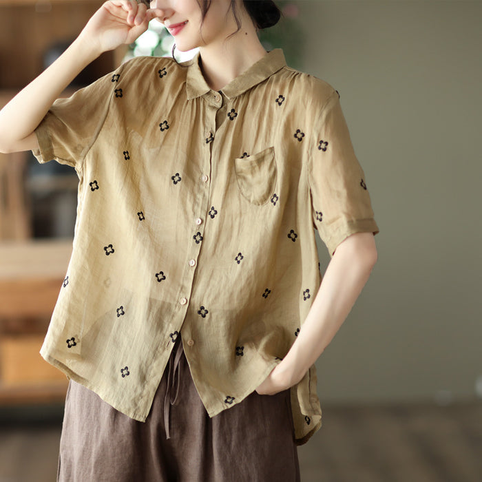 Áo sơ mi linen ngắn tay cổ đức thêu những bông hoa - NU7001