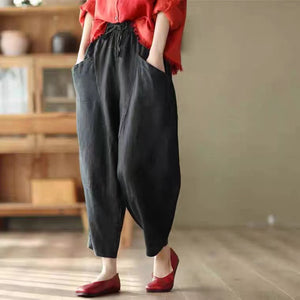 Quần baggy linen lưng thun dây rút ống rộng hai túi chéo - NU6865