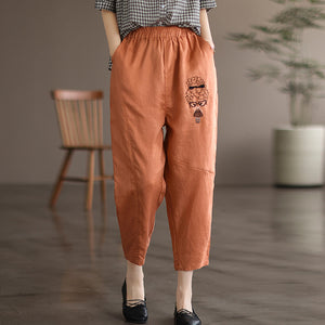Quần baggy linen lưng thun thêu cô bé tóc xù - NU6830