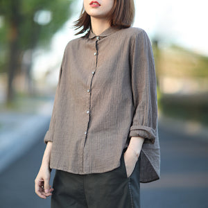Áo sơ mi linen dài tay kẻ sọc đứng cổ pipi - NU4423