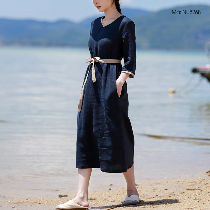 Đầm liền linen tay lửng cổ V bo viền một màu - NU8268