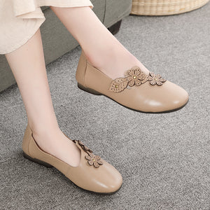 Giày da retro đính hoa thủ công đế bệt - OD0701