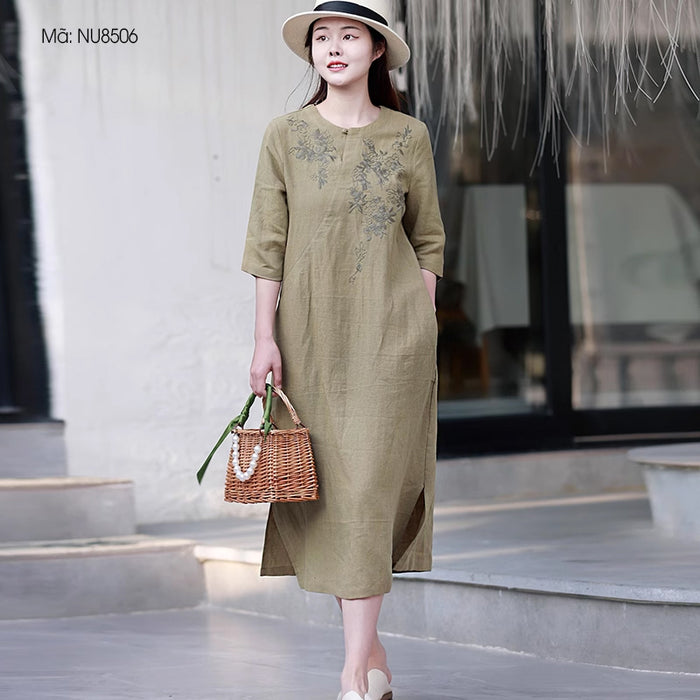 Đầm liền linen ngắn tay cổ tròn một khuy thêu hoa lá - NU8506